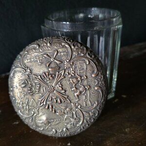 Antique Glass Humidor Cigar Tobacco Jar With Repousse Windmill Scene Lid